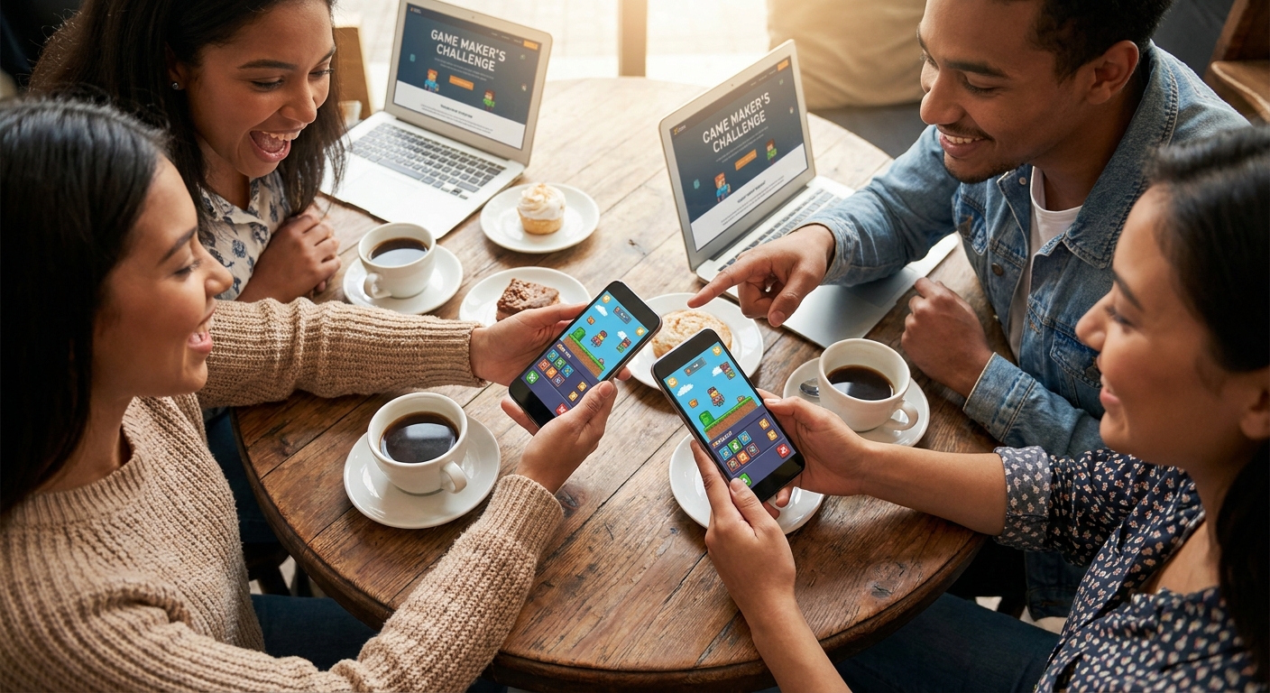 カフェでスマートフォンからゲームを作り友人とシェアするユーザーたち