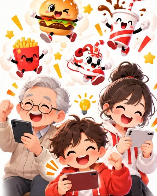 子ども・お年寄り・若い人が、それぞれスマホで商品のキャラのゲームを作っている絵