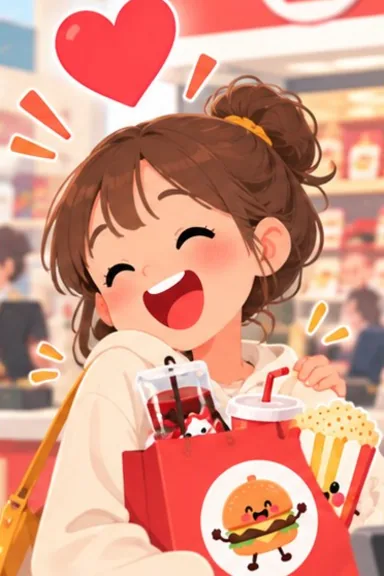 お店で商品を買って、胸からハートが出ている絵