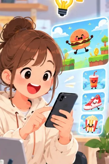 商品のキャラの絵を見ながら、スマホでゲームを作っている絵
