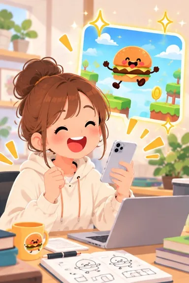 クリエイターが、スマホで商品のキャラのゲームを作って喜んでいる絵