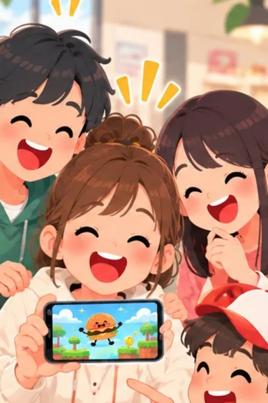 作ったゲームを友だちに見せて、一緒に笑っている絵