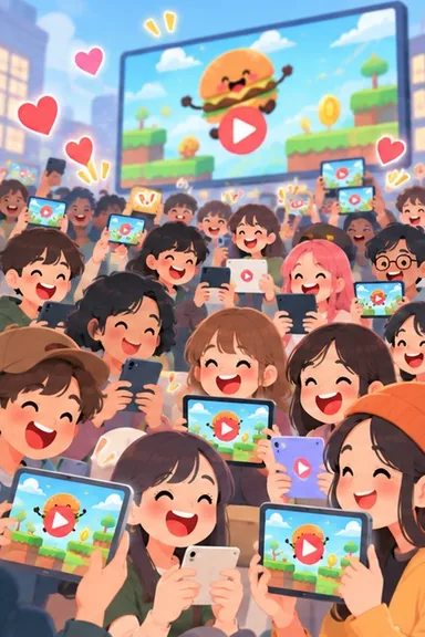 大勢の人が、ゲームのプレイ動画を見て笑っている絵