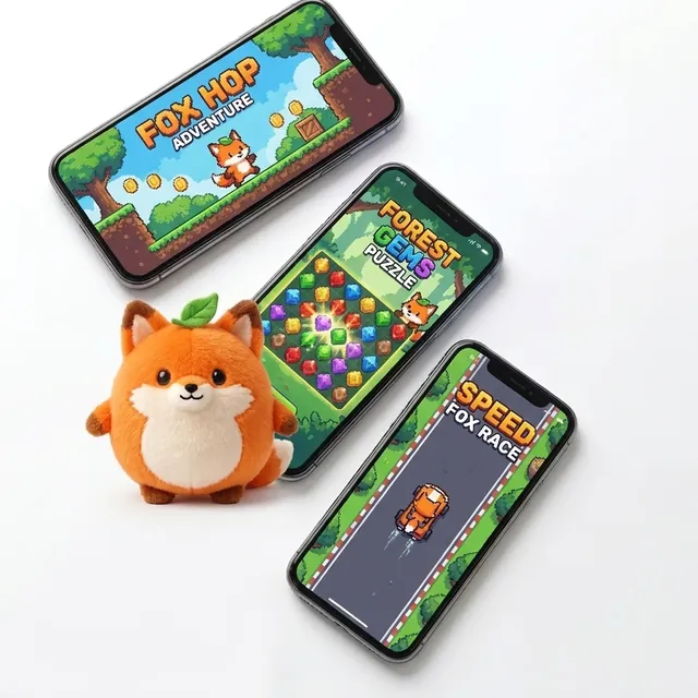 マスコットのぬいぐるみと、そのマスコットが主役の3つのゲームが映ったスマートフォン