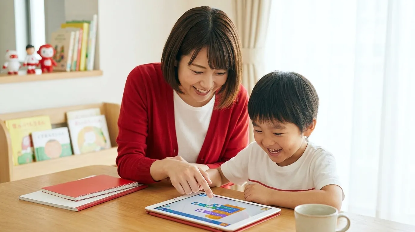 タブレットで一緒にゲームを作って笑う親子