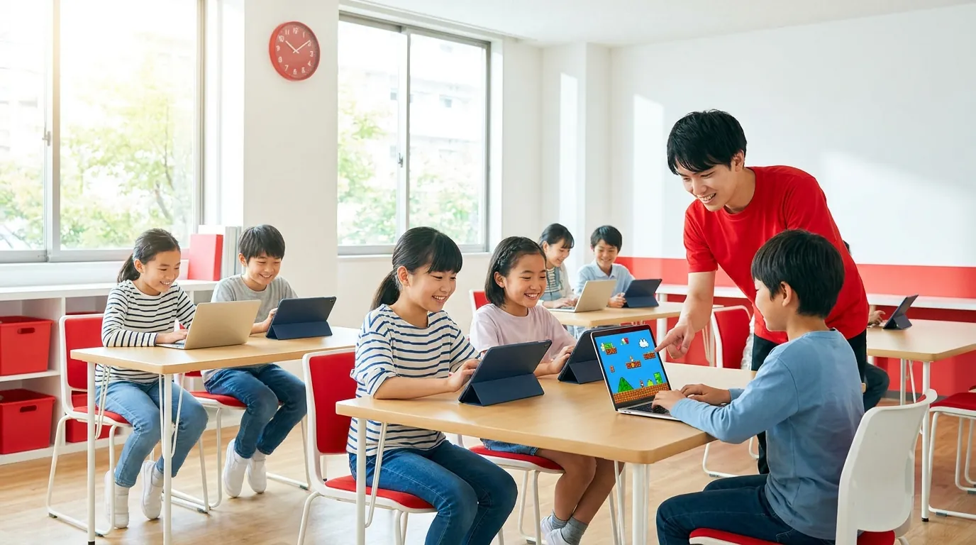 タブレットやノートPCでゲームを作る子どもたちと、赤いTシャツのDreamCore講師