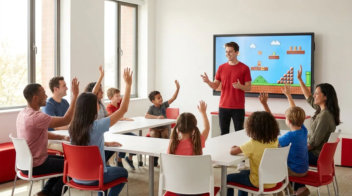 赤いTシャツの講師が生徒に語りかける、DreamCore Educationの講演・研修の様子