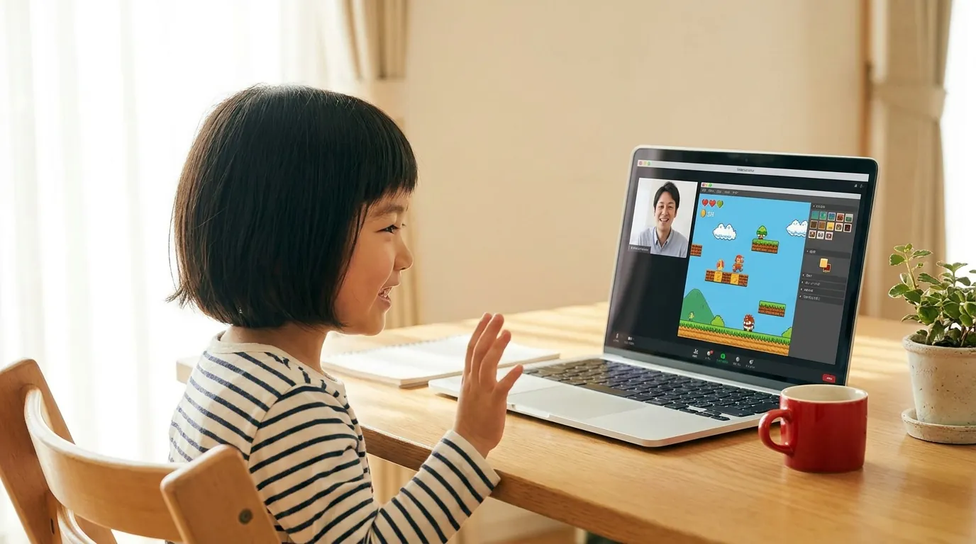 自宅のノートPCでオンライン授業を受けながらゲームを作る子ども