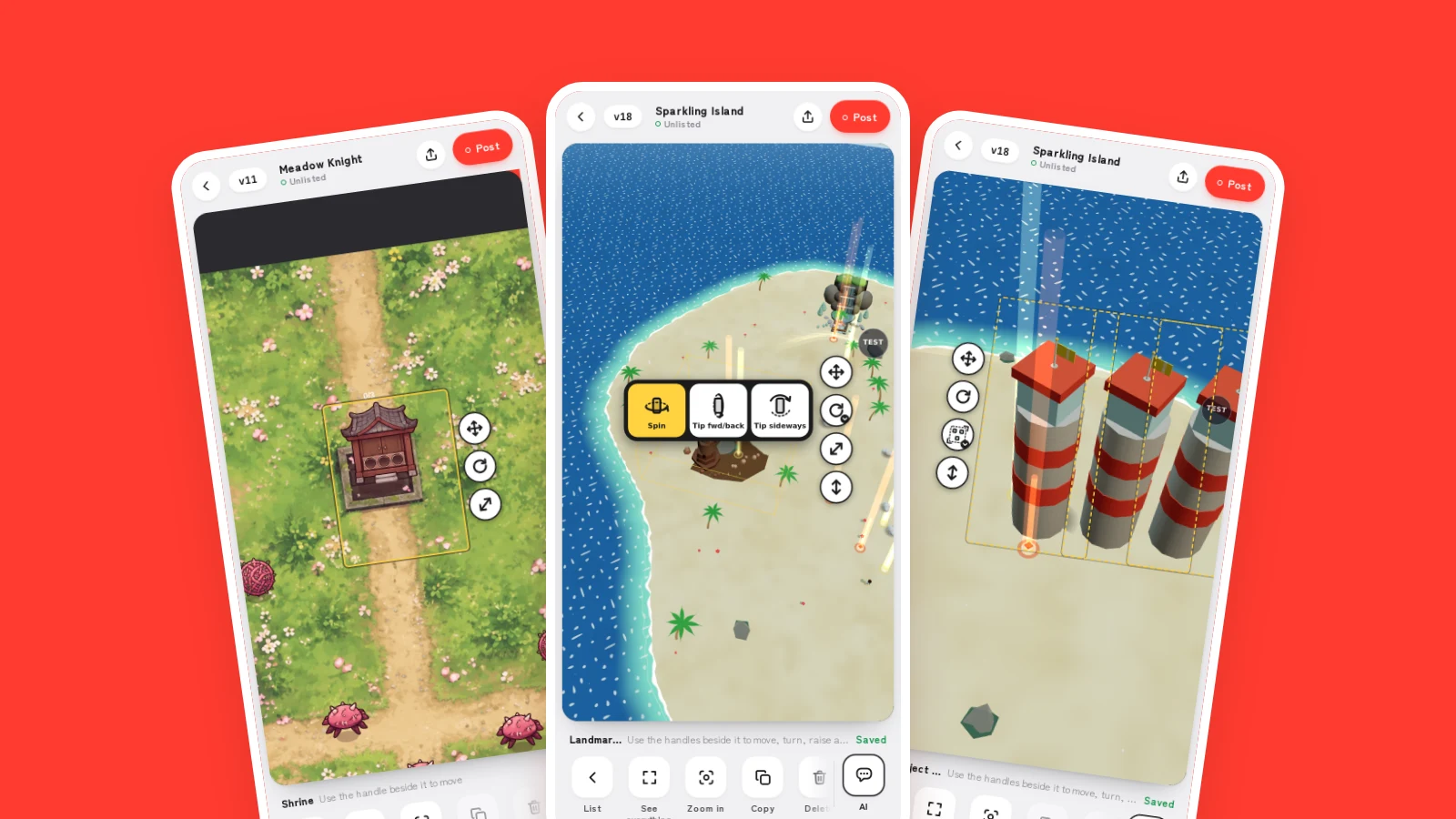 Un santuario movido en un juego 2D, un arco de roca 3D con las opciones de giro abiertas y tres faros agrandados juntos