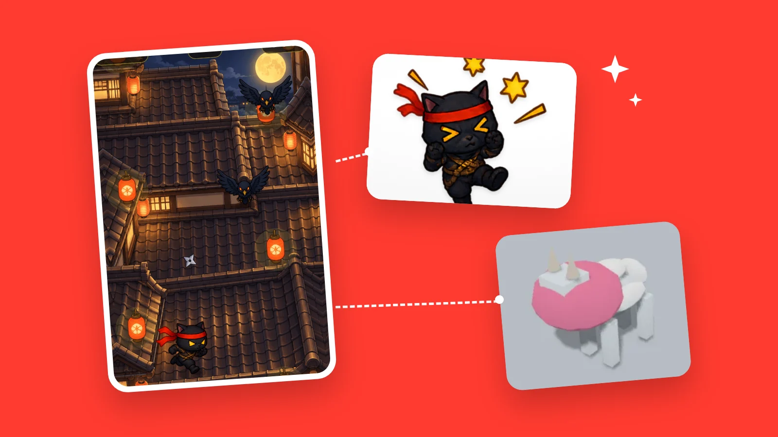 An illustration of a ninja cat and a 3D goat pulled out of a game screen as separate pieces