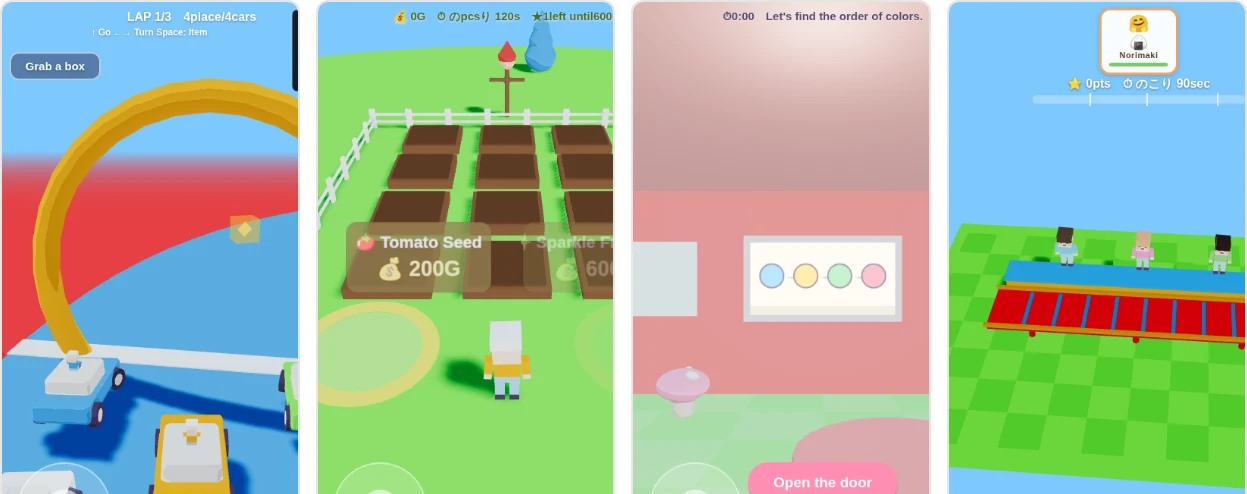 Screenshots of four games generated with DreamCore