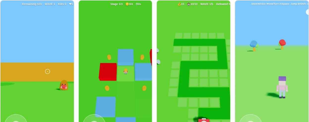 Four template screenshots: FPS, maze, tower defense, and the minimal skeleton