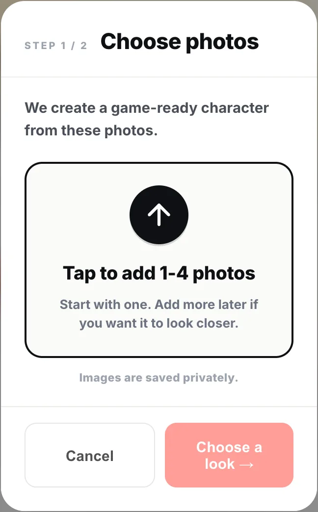 Step 1 of character creation: "Choose photos" with the upload frame