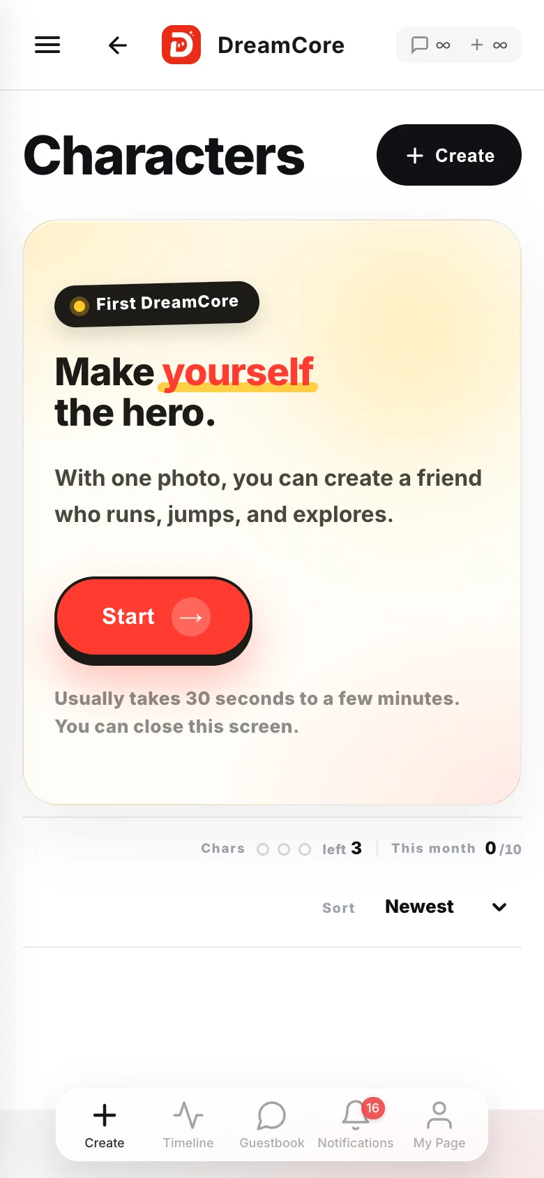 The Characters screen with the "Make yourself the hero." card and the Start button