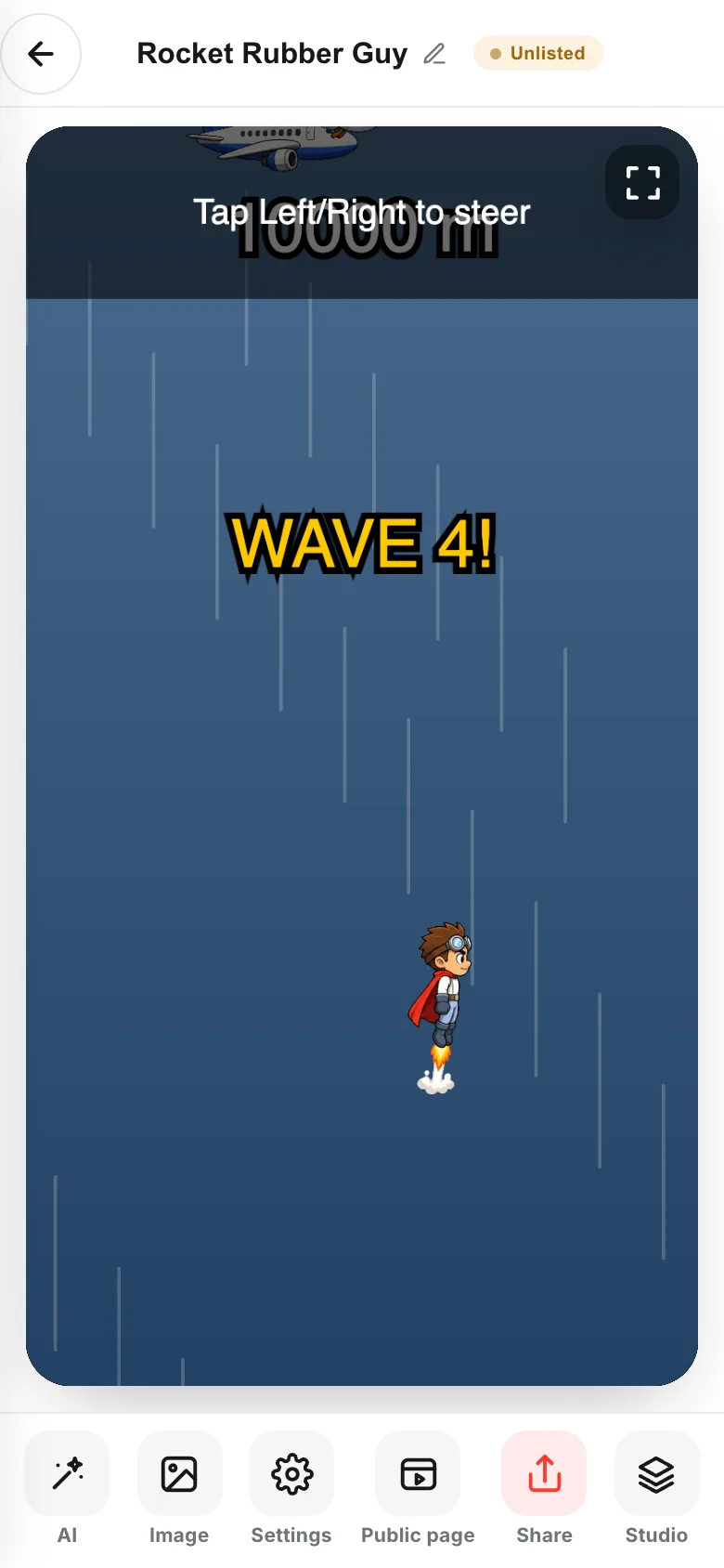The make screen: title on top, the game in the middle, the toolbar below