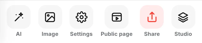 The make screen toolbar: AI, Image, Settings, Public page, Share, Studio