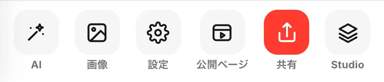 「つくる」画面の下のボタン。AI・画像・設定・公開ページ・共有・Studio