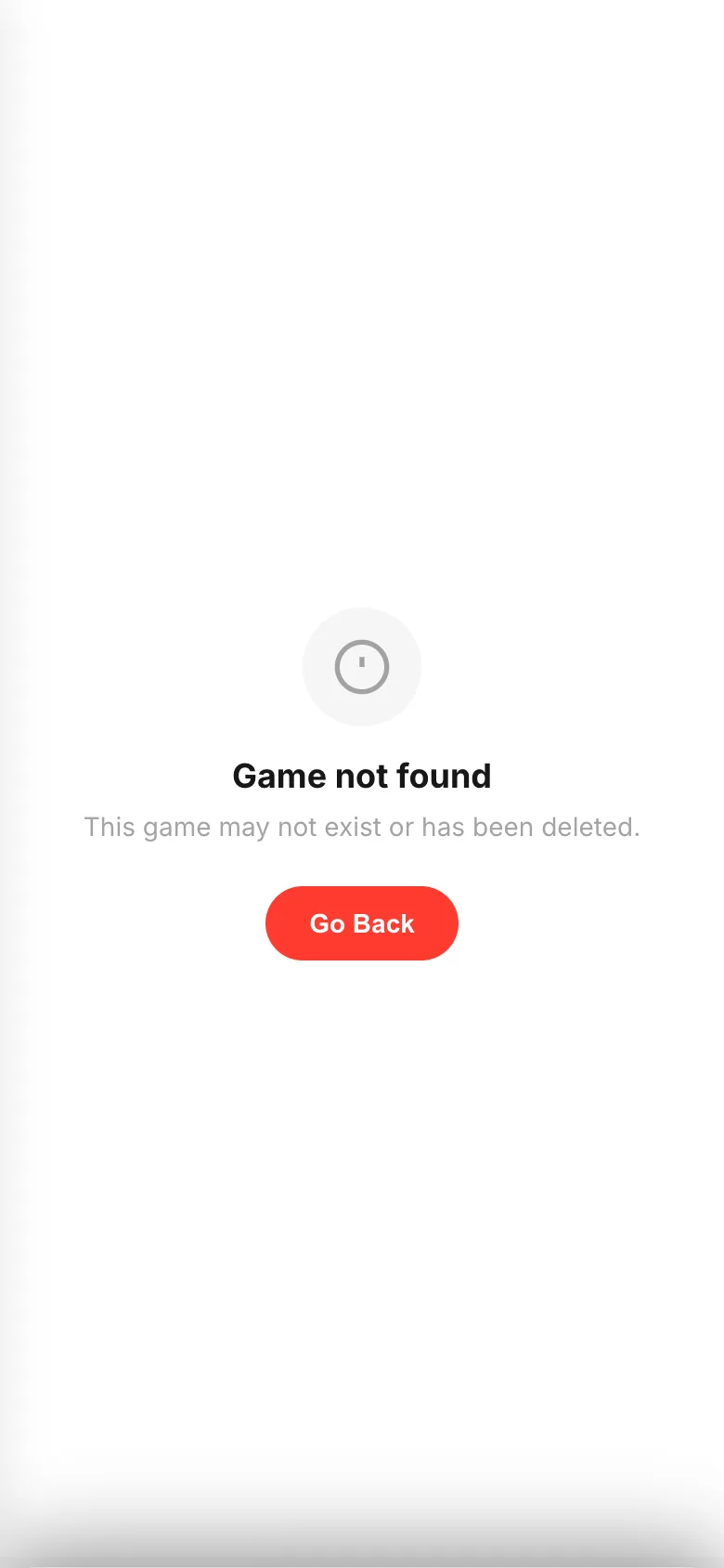 The "Game not found" screen with a Go Back button