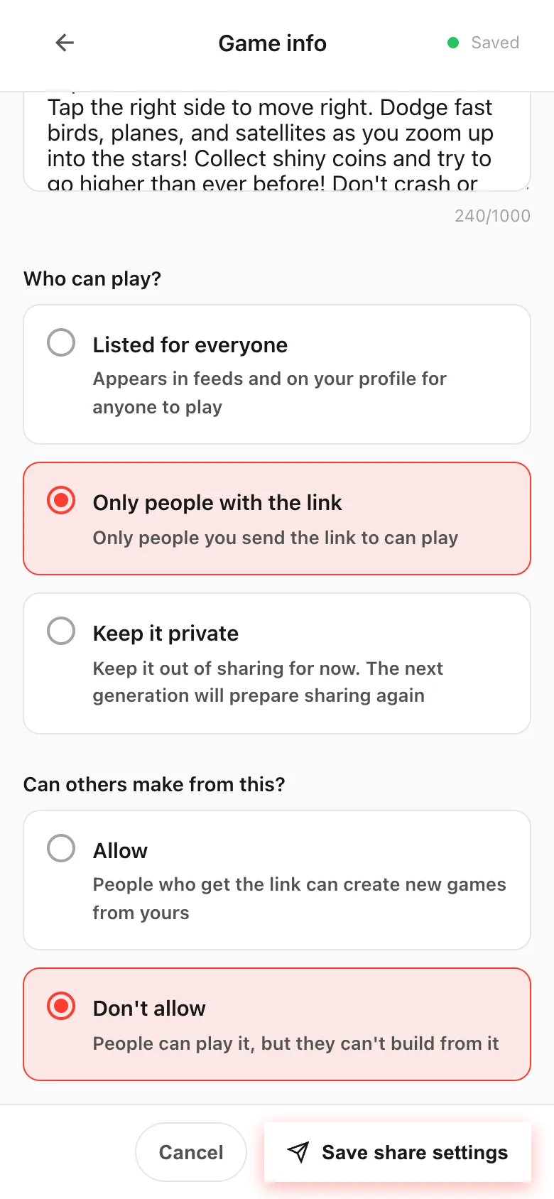 The "Who can play?" options: listed for everyone, link only, keep it private