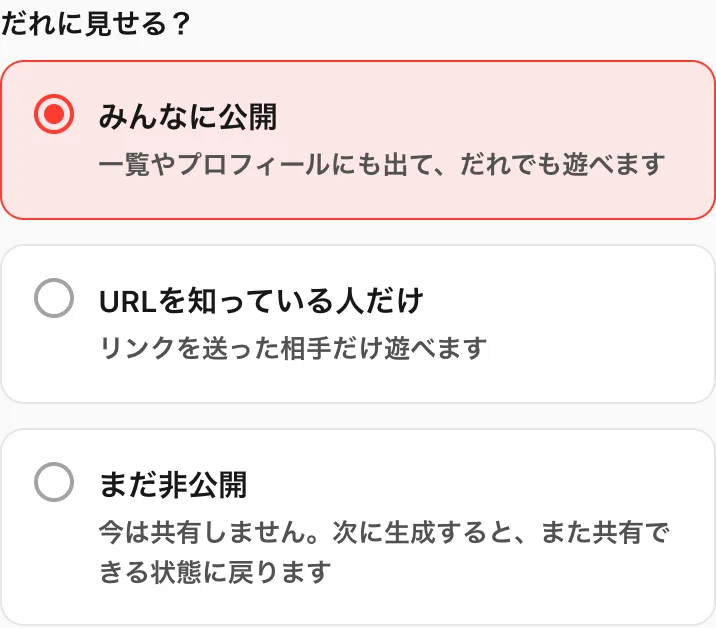 だれに見せる?の3つの選択肢。みんなに公開、URLを知っている人だけ、まだ非公開