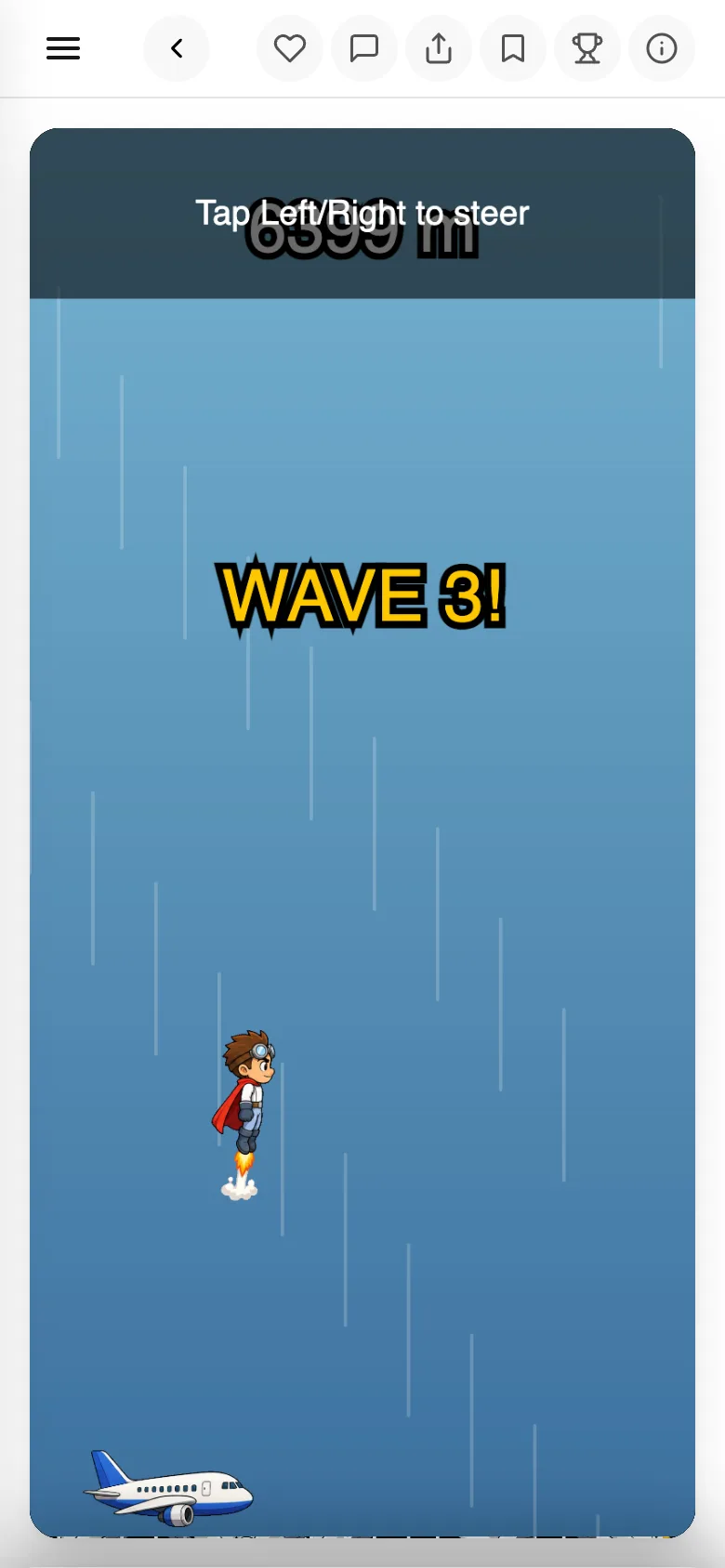 The public game page with the game running and its control hint