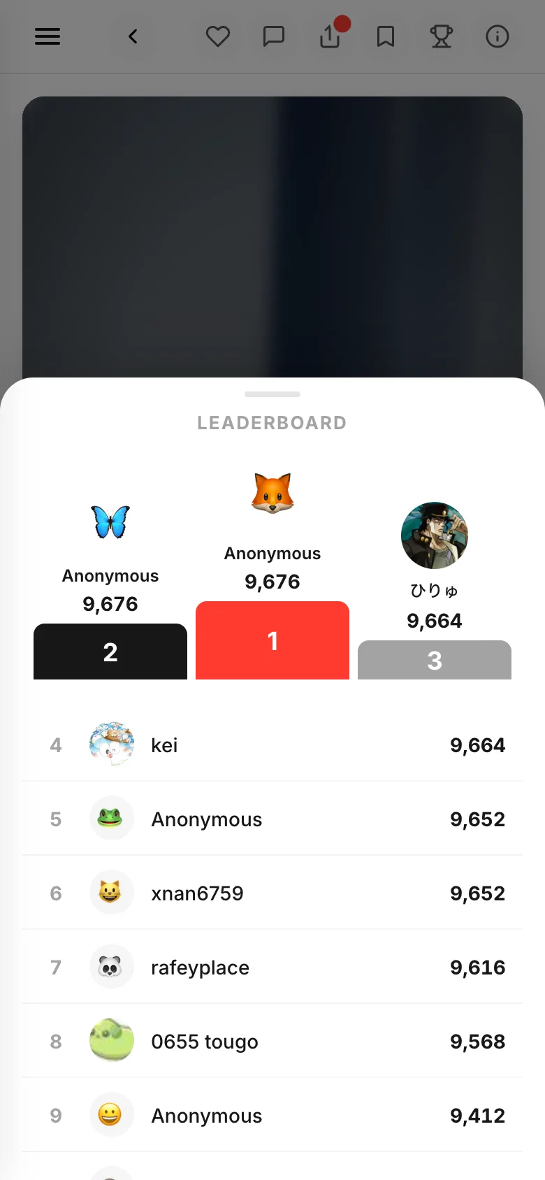 The leaderboard: the top three on a podium and the ranked scores below
