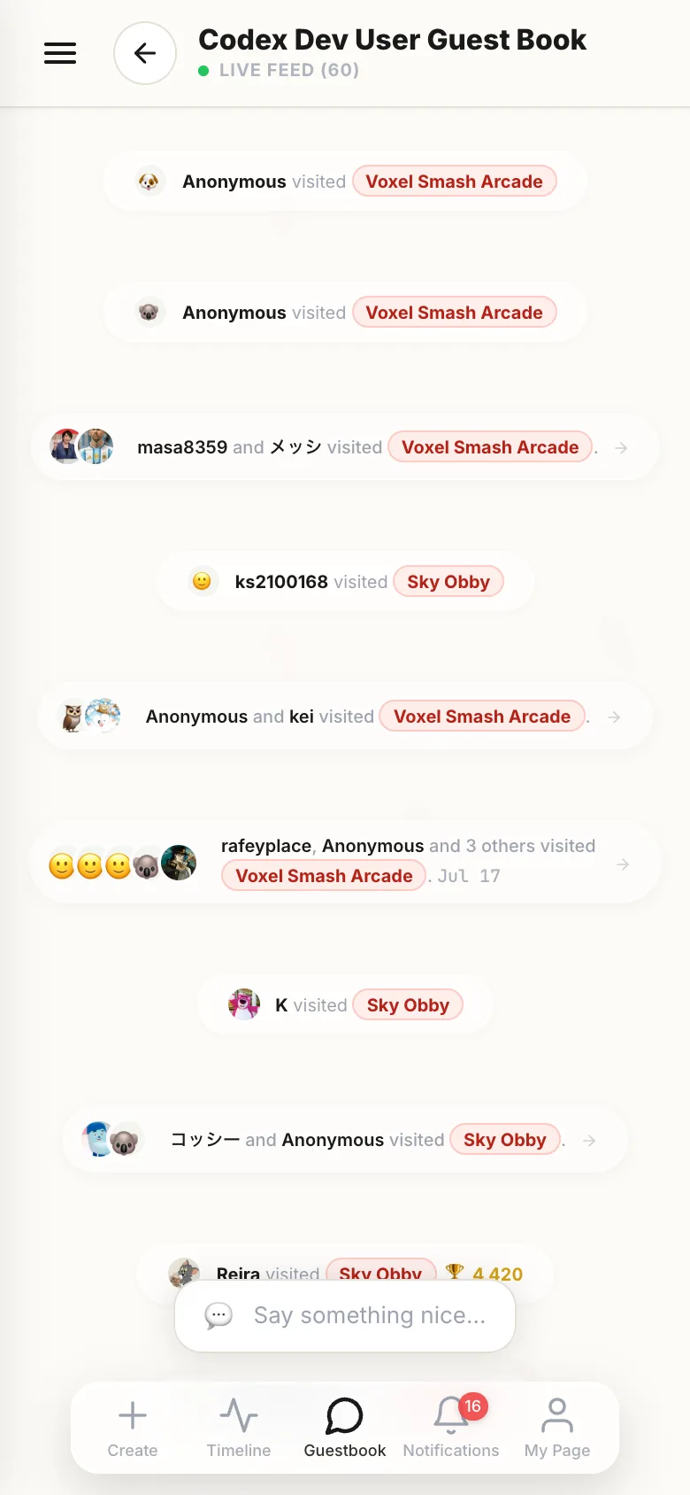 Your guestbook: visits across all your games, each labeled with the game