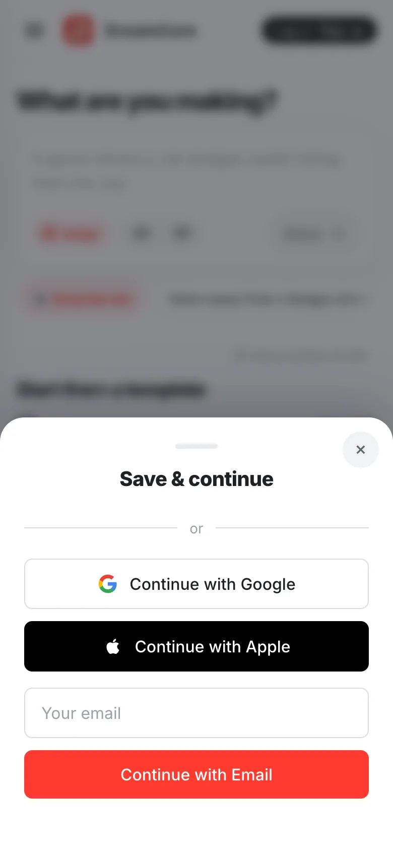 The "Save & continue" sheet with Google, Apple and email sign-in options