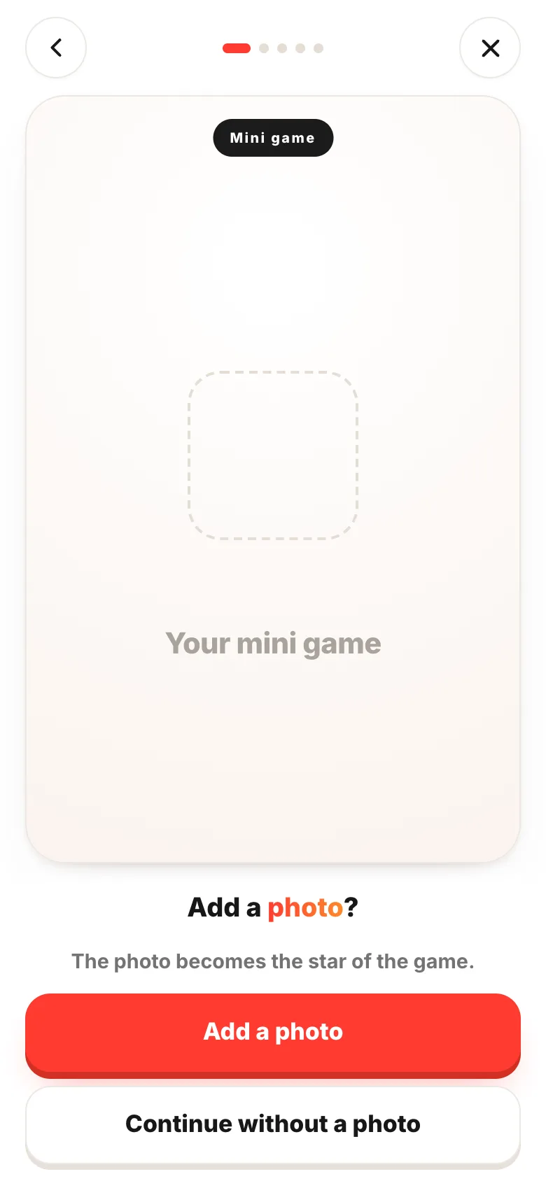 The first question: "Add a photo?" with Add a photo and continue-without buttons