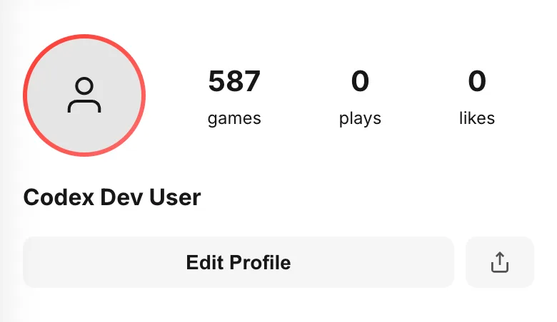 The top of My Page: avatar, games, plays and likes counts, Edit Profile button