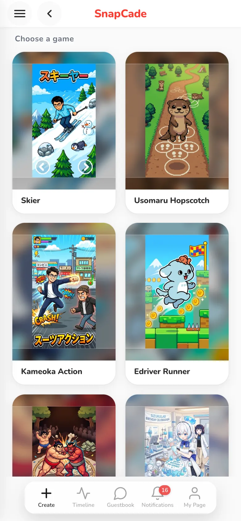 The SnapCade "Choose a game" screen with a grid of games