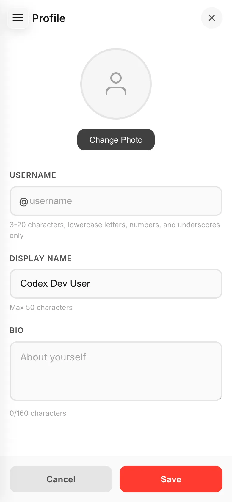 The profile edit screen with Change Photo, username, display name and bio, and Save
