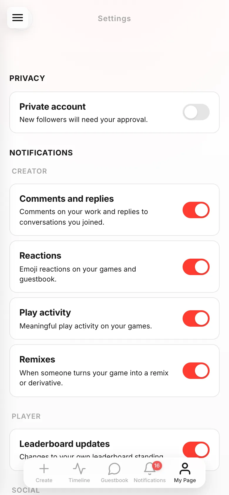 The Settings screen with Private account at the top under Privacy