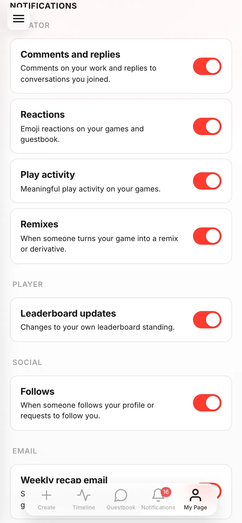 Notification settings: comments, reactions, play activity and remix switches