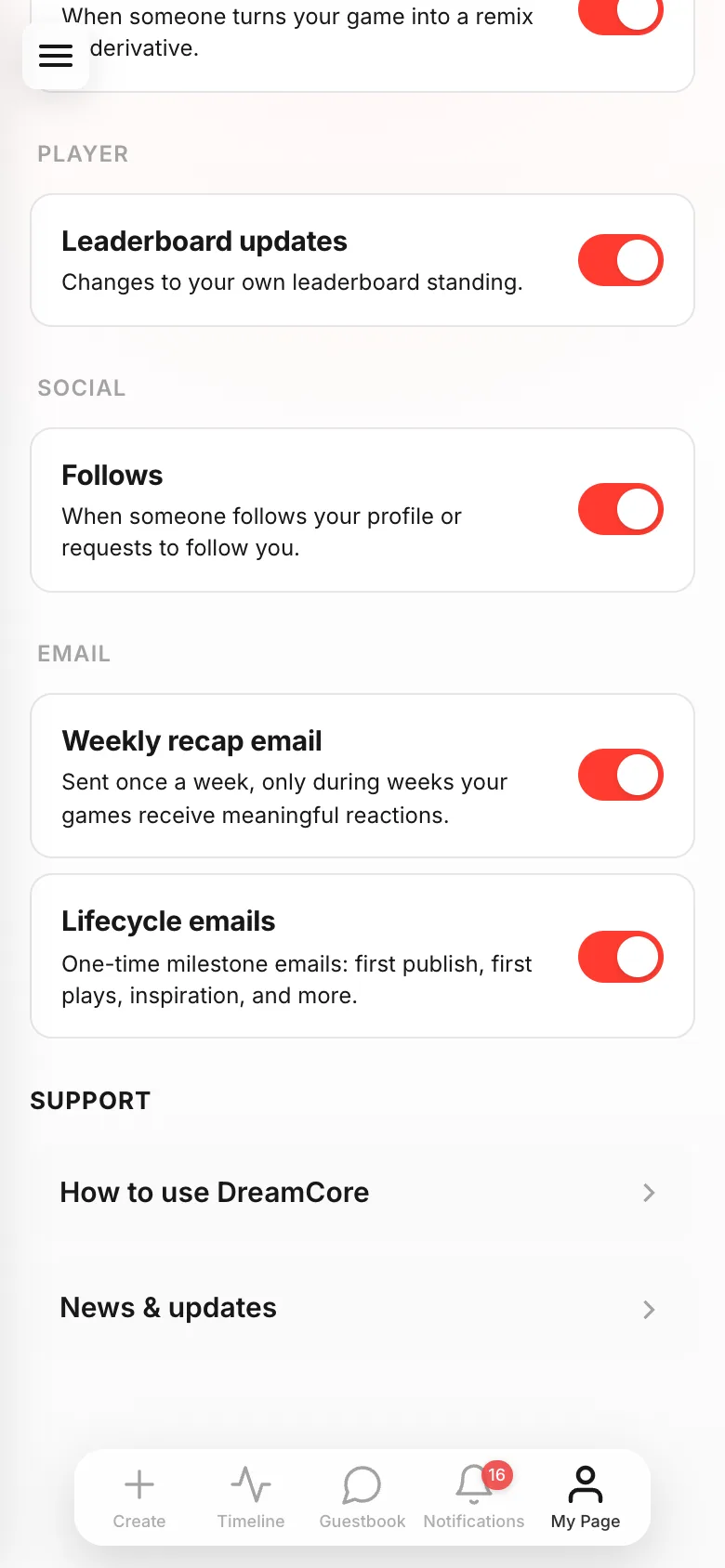 The email section of Settings: Weekly recap email and Lifecycle emails