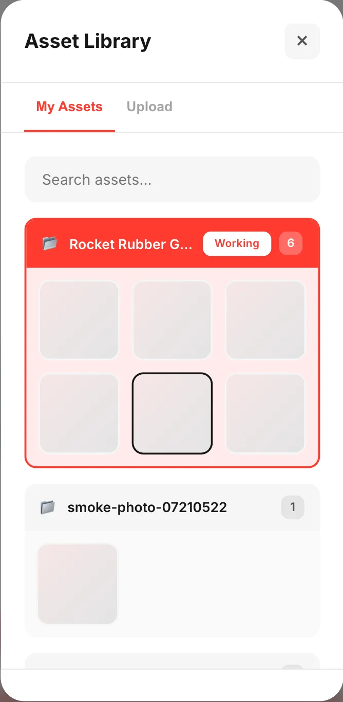 The Asset Library modal with the My Assets and Upload tabs and your folders