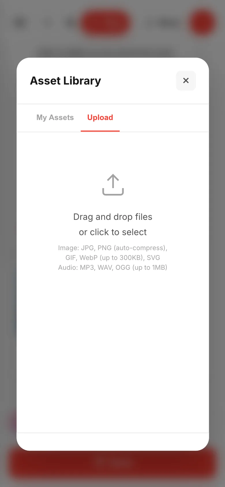The Upload tab: a drop zone with the supported formats and size limits