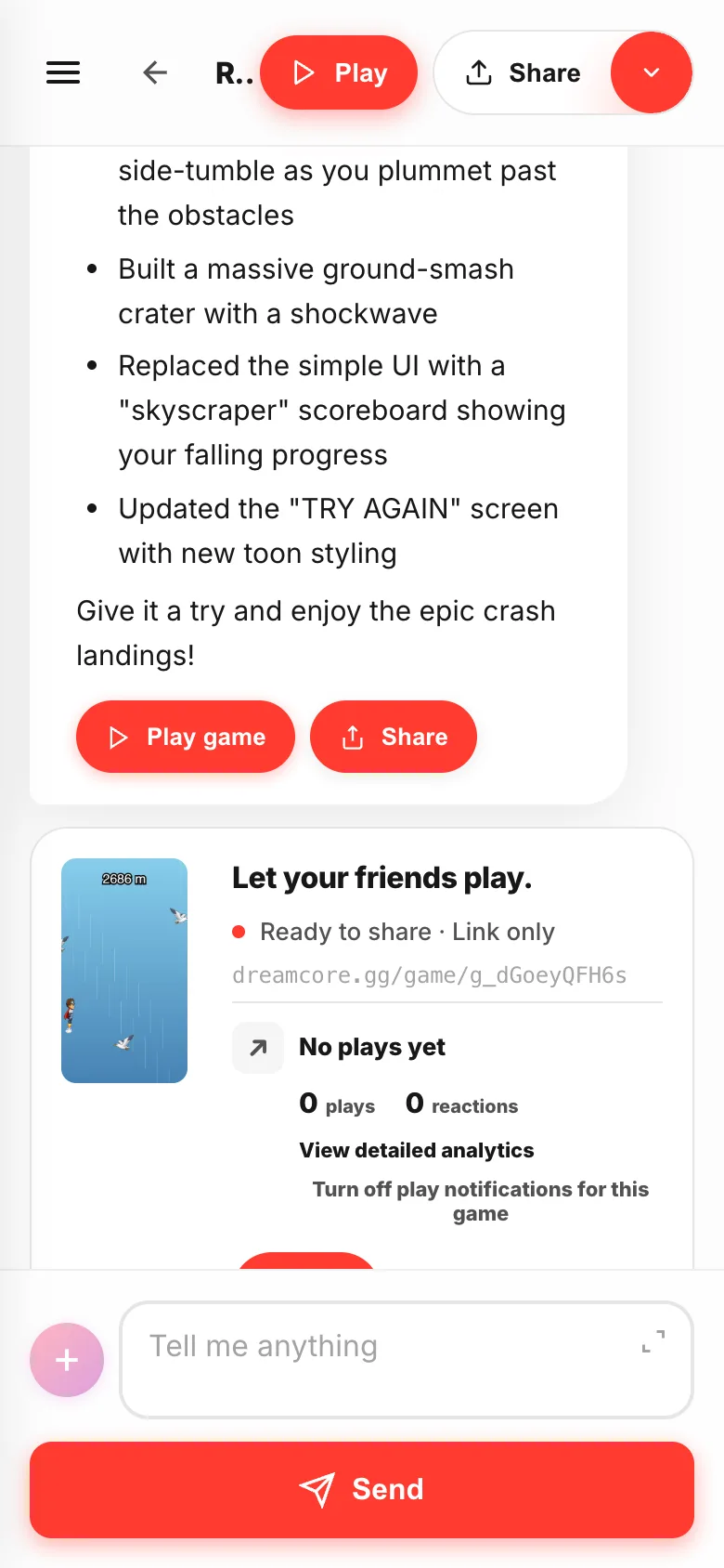 Studio chat: the reply about the game, with Play game and Share buttons
