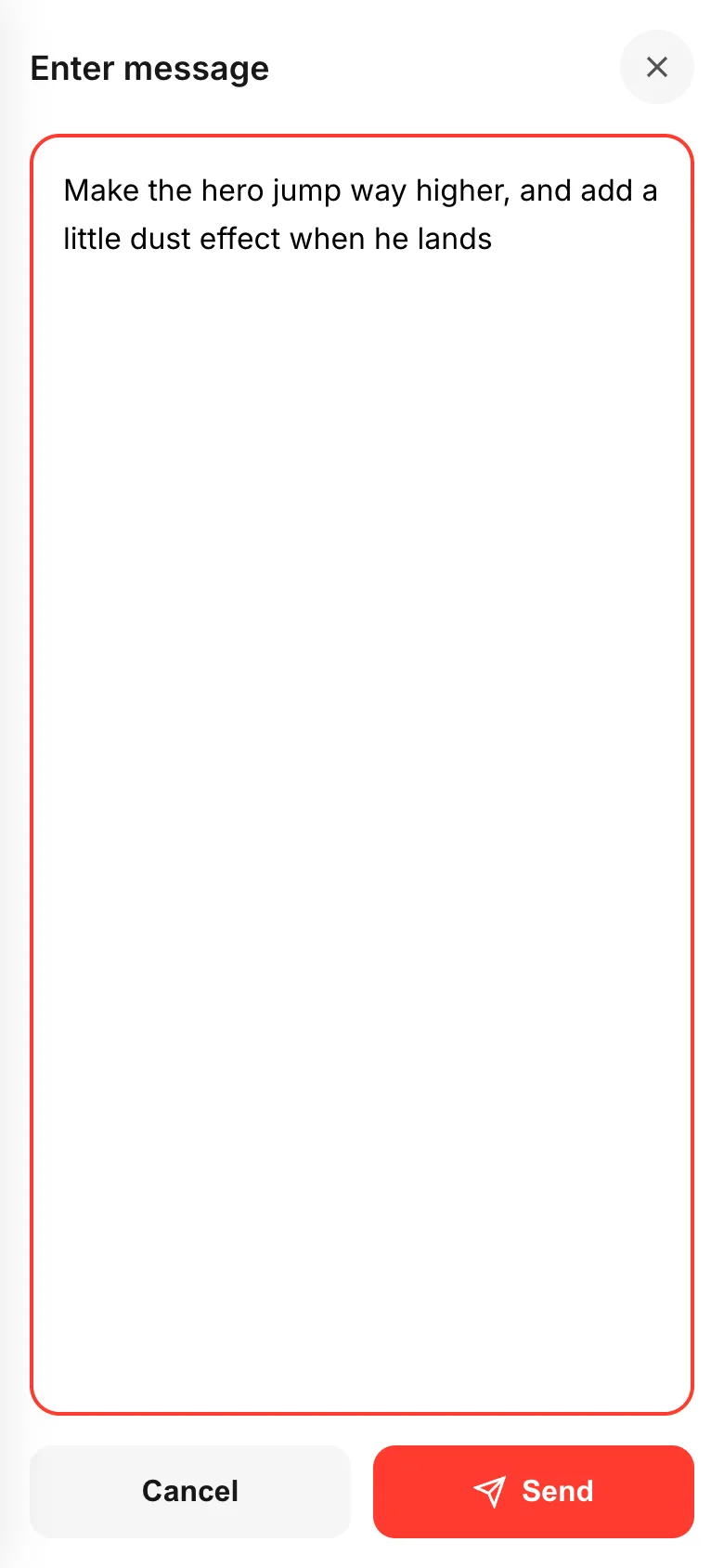 The full-screen "Enter message" editor with a large text area, Cancel and Send
