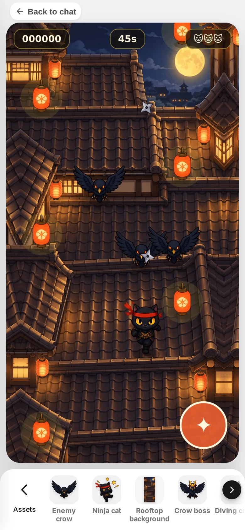 The asset row: Enemy crow, Ninja cat, Rooftop background and Crow boss