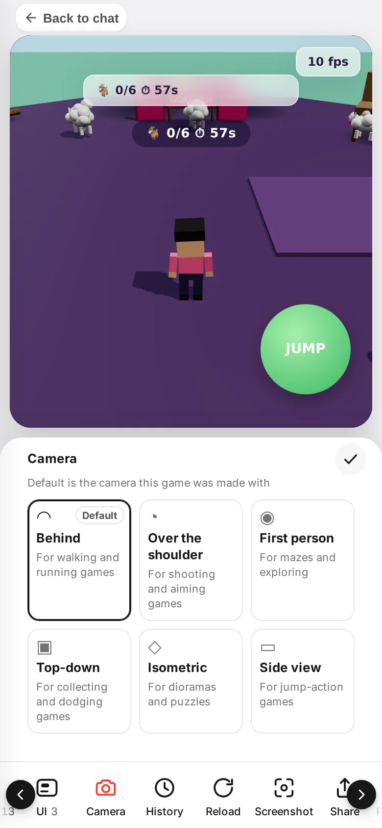 A list of camera presets, like Behind, Top-down and Isometric