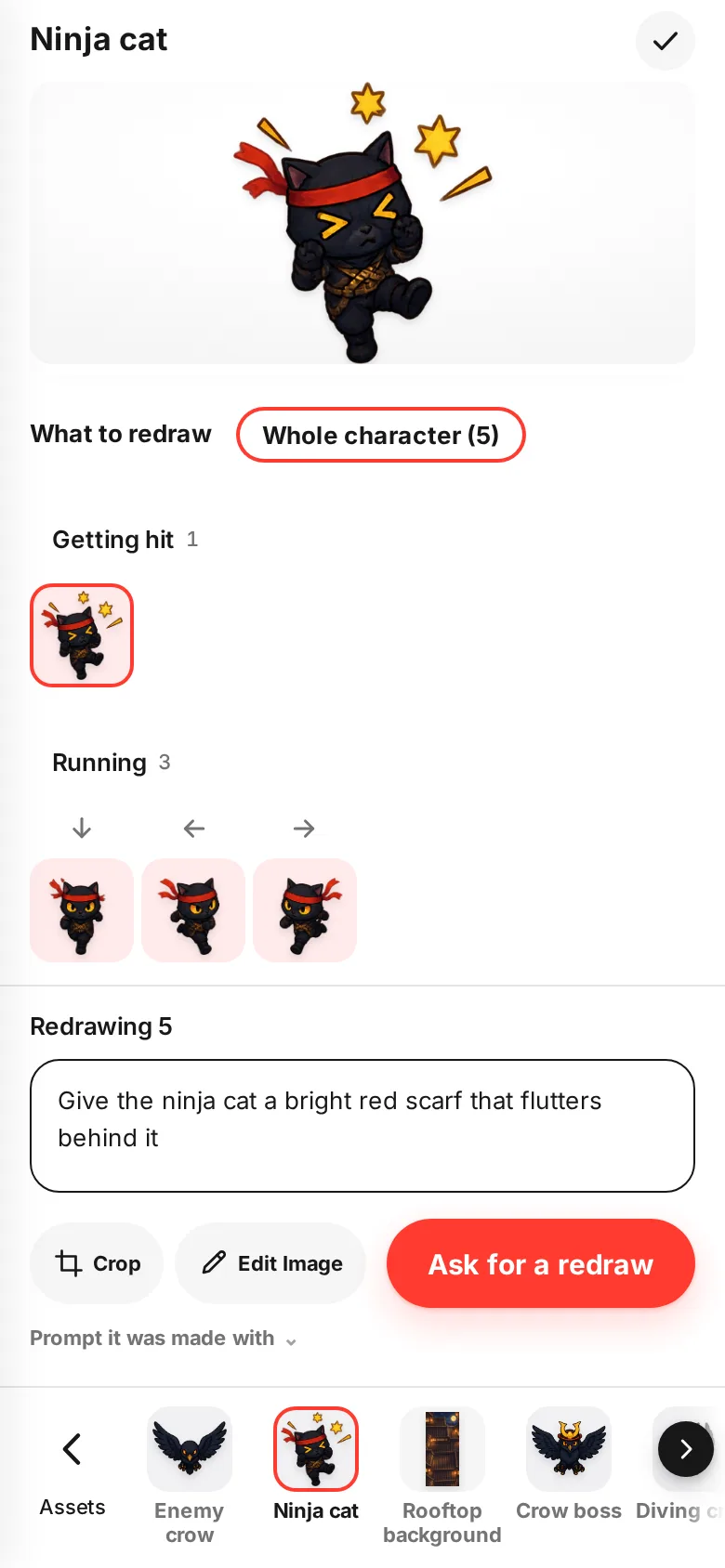 Whole character selected under What to redraw, with "Give the ninja cat a bright red scarf that flutters behind it" typed in
