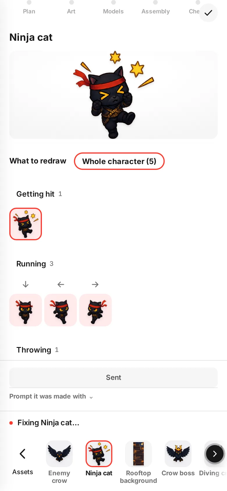 After sending: "Fixing Ninja cat…" shows at the bottom