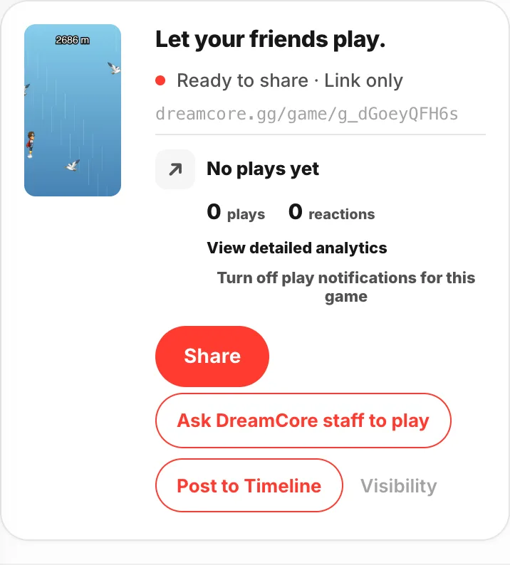 The "Let your friends play." card with the share link and the Share button