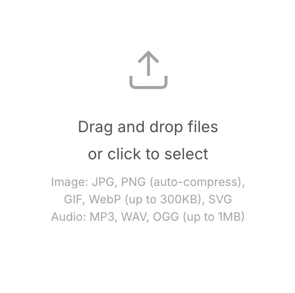 The upload drop zone: "Drag and drop files" with the supported formats and limits
