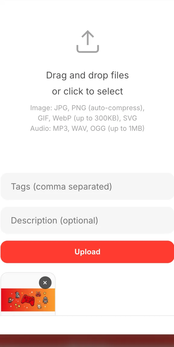 The Upload tab with a selected image, the tags and description fields and the Upload button