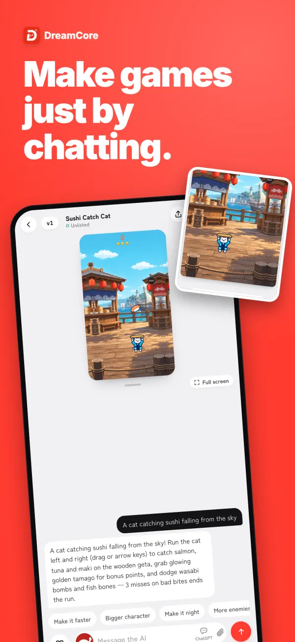 DreamCore sur un téléphone : la demande dans le chat et le jeu créé (écran en anglais)