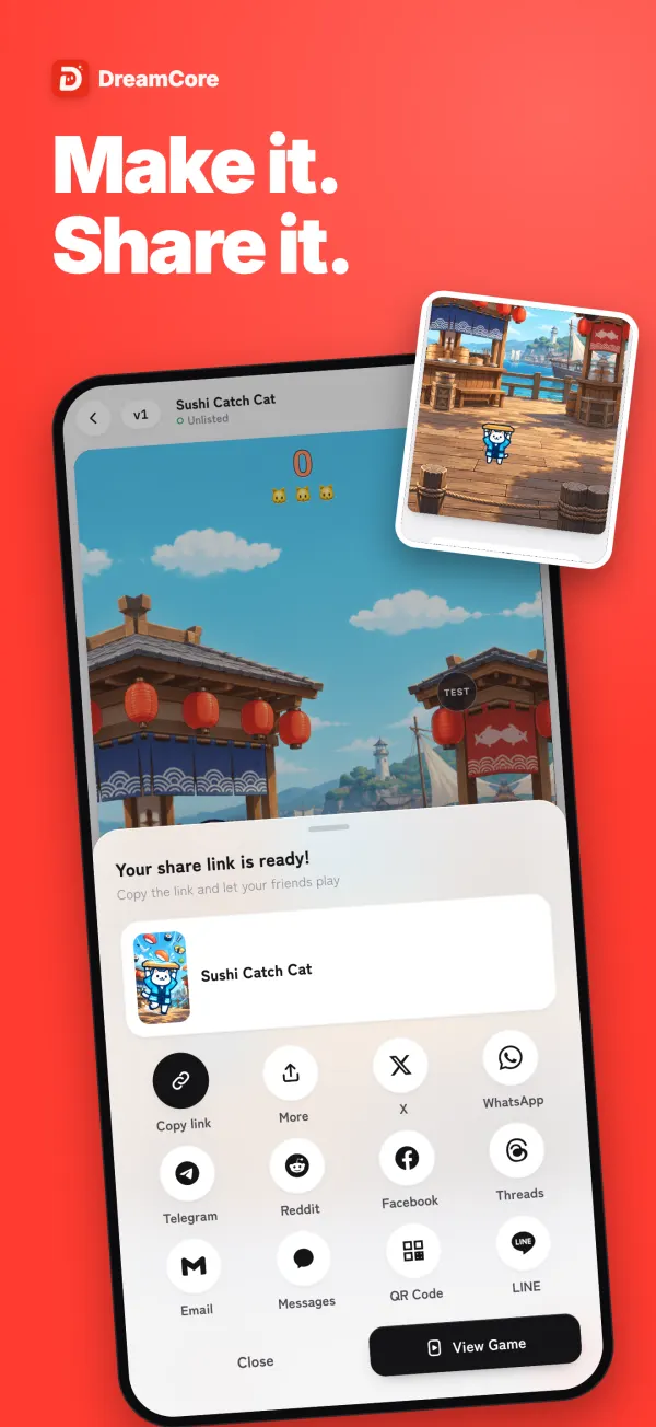 Le menu de partage avec le lien, le QR code et les boutons des applis (écran en anglais)